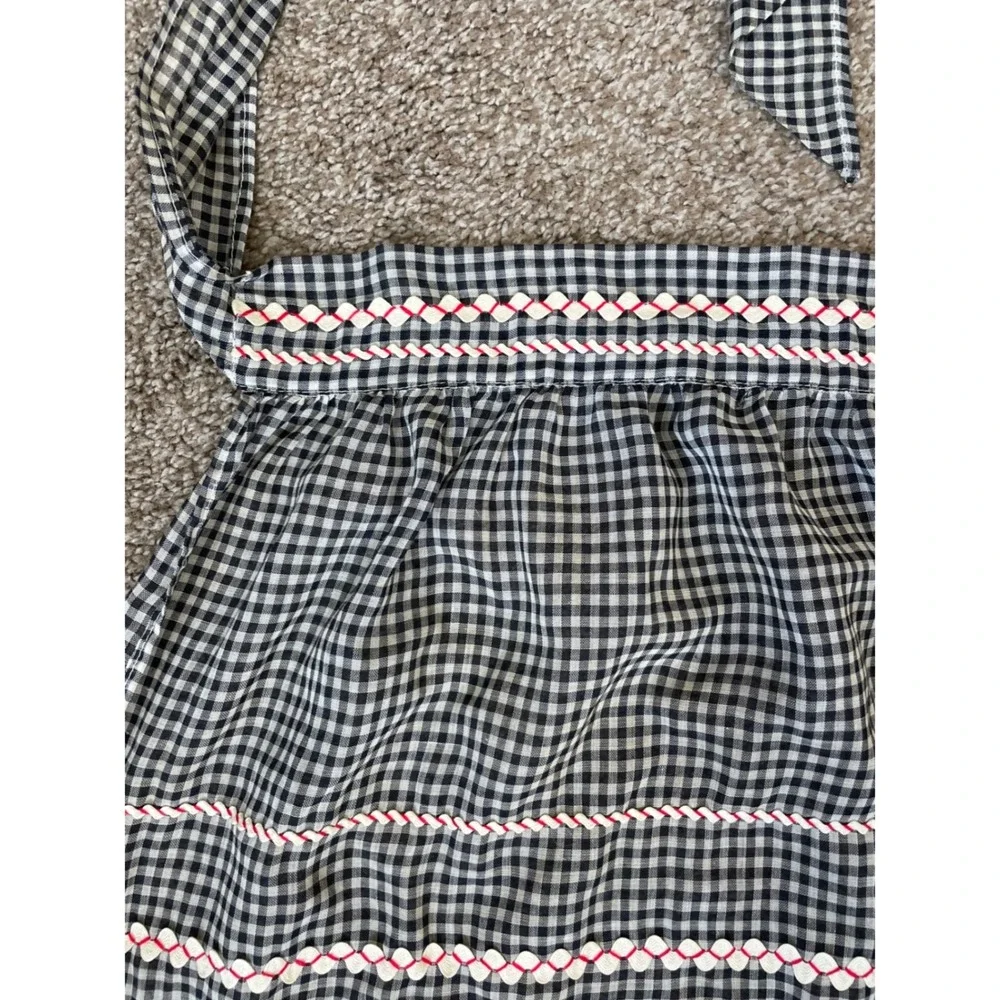 Vintage Handmade Black White Gingham Smocked Half Apron Red Trim Retro 50s Style
